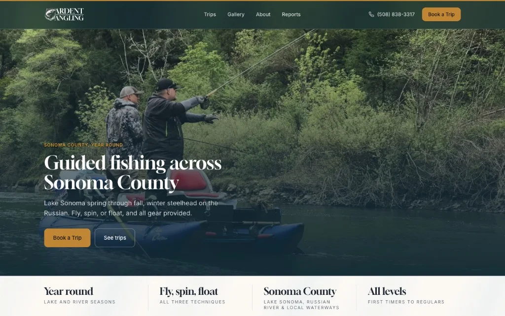A guided fishing website built around booking a trip
